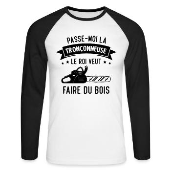 passe moi la Tronçonneuse le roi veut faire du boi - T-shirt baseball manches longues Homme - blanc/noir - Devant - Nik (191cm)
