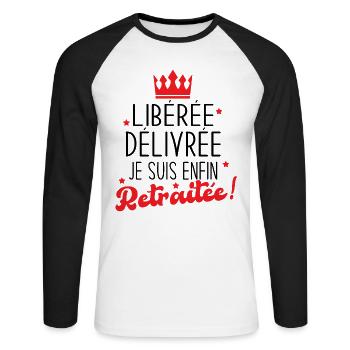 Libérée Délivrée Je suis Enfin Retraitée Cadeau - T-shirt baseball manches longues Homme - blanc/noir - Devant - Nik (191cm)