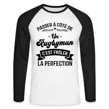 Rugbyman C'est Frôler La Perfection - T-shirt baseball manches longues Homme - blanc/noir - Devant - Nik (191cm)