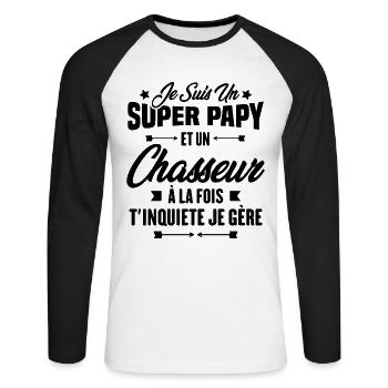 Je suis un super papy et un chasseur, Cadeau papy - T-shirt baseball manches longues Homme - blanc/noir - Devant - Nik (191cm)