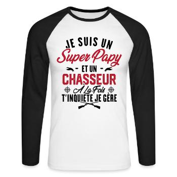 Je suis un super papy et un chasseur, Cadeau papy - T-shirt baseball manches longues Homme - blanc/noir - Devant - Nik (191cm)