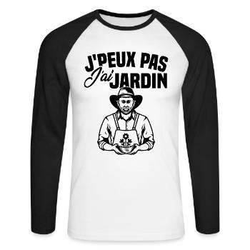 J'peux pas j'ai jardin / Cadeau retrait jardin - T-shirt baseball manches longues Homme - blanc/noir - Devant - Nik (191cm)