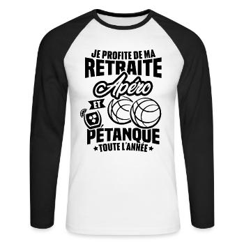 Je profite de ma retraite apéro et pétanque - T-shirt baseball manches longues Homme - blanc/noir - Devant - Nik (191cm)