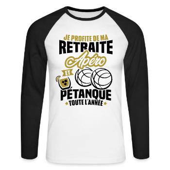 Je profite de ma retraite apéro et pétanque - T-shirt baseball manches longues Homme - blanc/noir - Devant - Nik (191cm)