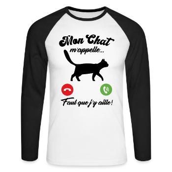Mon chat m'appelle - T-shirt baseball manches longues Homme - blanc/noir - Devant - Nik (191cm)