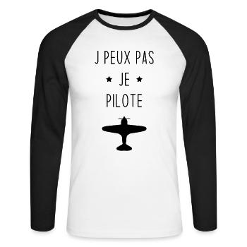 J'peux pas je pilote Cadeau vintage avion - T-shirt baseball manches longues Homme - blanc/noir - Devant - Nik (191cm)