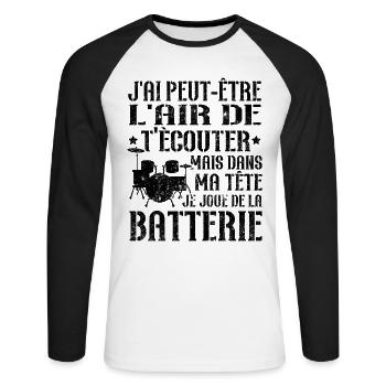 Dans ma tête je joue de la batterie - T-shirt baseball manches longues Homme - blanc/noir - Devant - Nik (191cm)