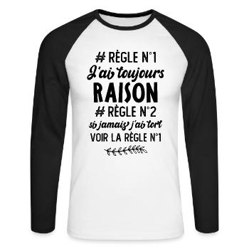 J'ai toujours raison Règle - T-shirt baseball manches longues Homme - blanc/noir - Devant - Nik (191cm)