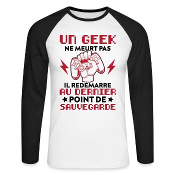 un geek ne meurt pas il redémarre au dernier point - T-shirt baseball manches longues Homme - blanc/noir - Devant - Nik (191cm)