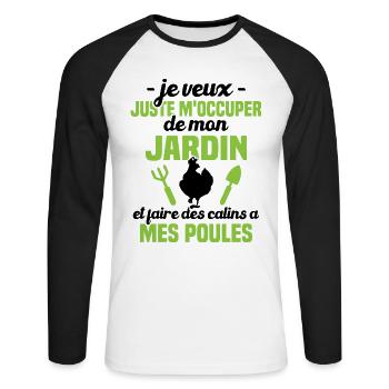 M'occuper de mon jardin, Cadeau jardinier poules - T-shirt baseball manches longues Homme - blanc/noir - Devant - Nik (191cm)