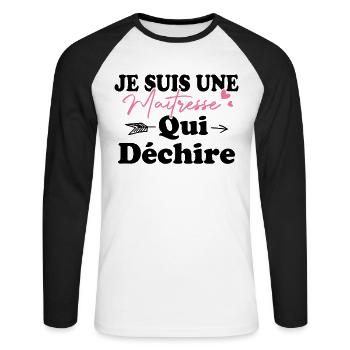 Je suis une Maîtresse qui déchiiiire - T-shirt baseball manches longues Homme - blanc/noir - Devant - Nik (191cm)