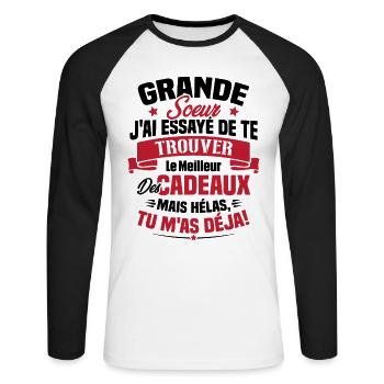 Grande Soeur J'ai essayé de te trouver des cadeaux - T-shirt baseball manches longues Homme - blanc/noir - Devant - Nik (191cm)