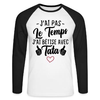 J'ai pas le temps j'ai bêtise avec tata - T-shirt baseball manches longues Homme - blanc/noir - Devant - Nik (191cm)