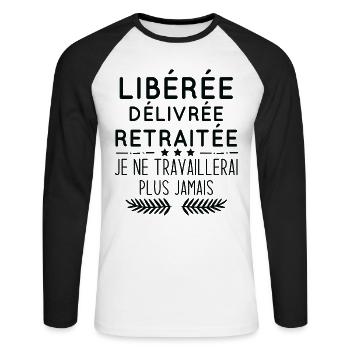 Libéré délivré retraité, Humour cadeau de retraite - T-shirt baseball manches longues Homme - blanc/noir - Devant - Nik (191cm)