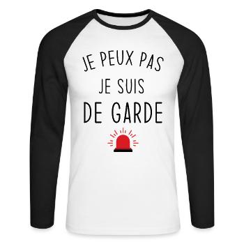 Je peux pas je suis de garde - T-shirt baseball manches longues Homme - blanc/noir - Devant - Nik (191cm)