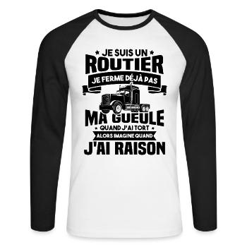 Je suis un routier, Humour routier - T-shirt baseball manches longues Homme - blanc/noir - Devant - Nik (191cm)