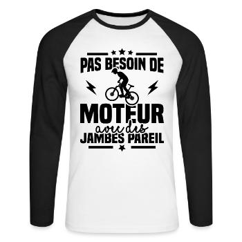 Humour cycliste, pas besoin de moteur - T-shirt baseball manches longues Homme - blanc/noir - Devant - Nik (191cm)