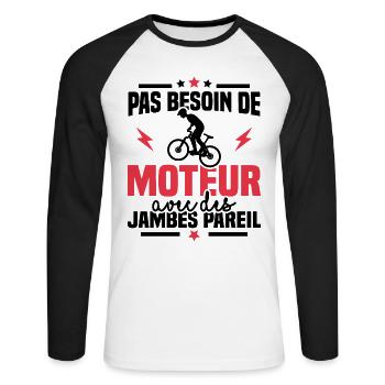 Humour cycliste, pas besoin de moteur - T-shirt baseball manches longues Homme - blanc/noir - Devant - Nik (191cm)