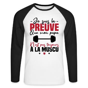 Preuve que mon papa muscu, Papa musclé - T-shirt baseball manches longues Homme - blanc/noir - Devant - Nik (191cm)