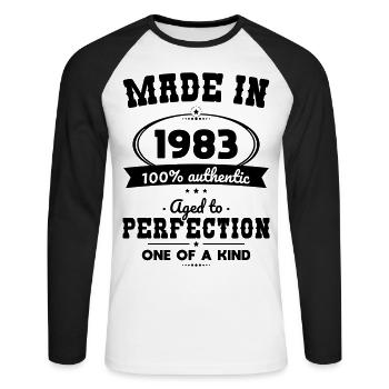 40e anniversaire - Fabriqué en 1983 - Vieilli à la perfection - T-shirt baseball manches longues Homme - blanc/noir - Devant - Nik (191cm)