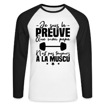 Preuve que mon papa muscu, Papa musclé - T-shirt baseball manches longues Homme - blanc/noir - Devant - Nik (191cm)