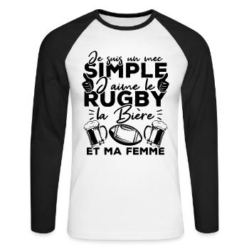 Mec simple j aime le rugby la bière et ma femme - T-shirt baseball manches longues Homme - blanc/noir - Devant - Nik (191cm)