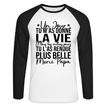 Un jour tu m'as donné la vie, Merci papa - T-shirt baseball manches longues Homme - blanc/noir - Devant - Nik (191cm)
