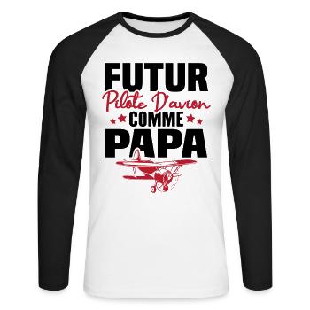 Futur Pilote d'avion comme Papa - T-shirt baseball manches longues Homme - blanc/noir - Devant - Nik (191cm)