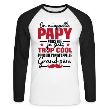 Papy car je suis trop cool / Cadeau grand-père - T-shirt baseball manches longues Homme - blanc/noir - Devant - Nik (191cm)