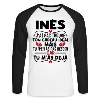 Inès j'ai pas trouvé ton cadeau idéal... - T-shirt baseball manches longues Homme - blanc/noir - Devant - Nik (191cm)