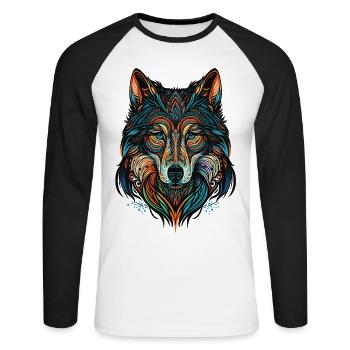 Tête de loup avec des motifs tribaux - T-shirt baseball manches longues Homme - blanc/noir - Devant - Nik (191cm)