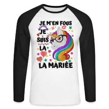 Couple mariage je m en fous je suis la mariée - T-shirt baseball manches longues Homme - blanc/noir - Devant - Nik (191cm)