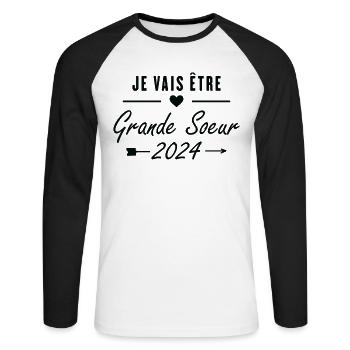 Je Vais être Grande Soeur 2024 - T-shirt baseball manches longues Homme - blanc/noir - Devant - Nik (191cm)