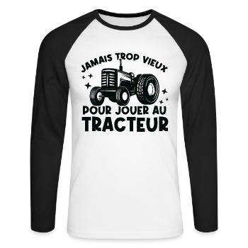 Jamais trop vieux pour jouer au tracteur - T-shirt baseball manches longues Homme - blanc/noir - Devant - Nik (191cm)