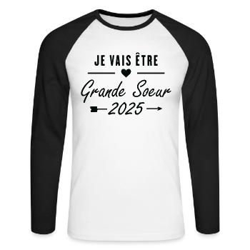 Je Vais Être Grande Sœur 2025 - T-shirt baseball manches longues Homme - blanc/noir - Devant - Nik (191cm)