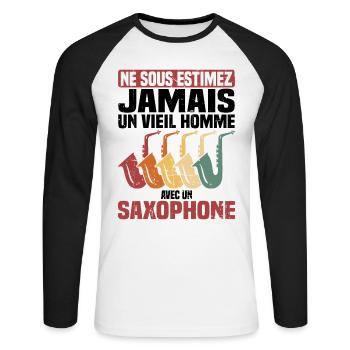 Un vieil homme avec un saxophone - T-shirt baseball manches longues Homme - blanc/noir - Devant - Nik (191cm)