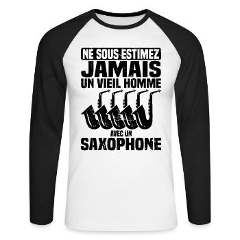 Un vieil homme avec un saxophone - T-shirt baseball manches longues Homme - blanc/noir - Devant - Nik (191cm)