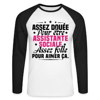 Assistante Sociale Métier Humour Cadeau Femme - T-shirt baseball manches longues Homme - blanc/noir - Devant - Nik (191cm)