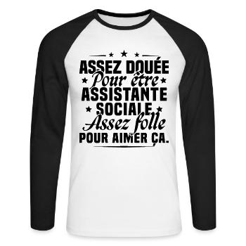 Assistante Sociale Métier Humour Cadeau Femme - T-shirt baseball manches longues Homme - blanc/noir - Devant - Nik (191cm)
