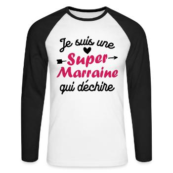 Je suis une Super Marraine qui Dechire - T-shirt baseball manches longues Homme - blanc/noir - Devant - Nik (191cm)