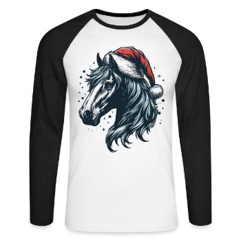 Tête de cheval avec chapeau de père Noël - T-shirt baseball manches longues Homme - blanc/noir - Devant - Nik (191cm)