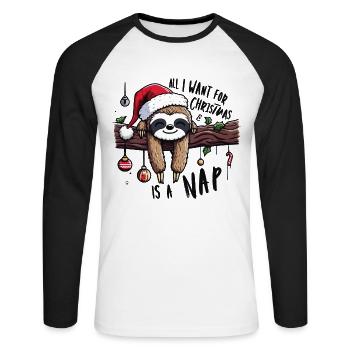 Sloth All I want for Christmas is a nap - Unisex Long Sleeve Baseball T-Shirt - white/black - Front - Nik (191cm)