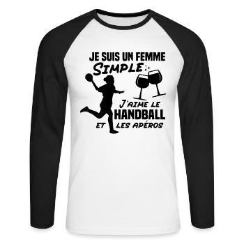 Un femme simple j aime le handball at les apéros - T-shirt baseball manches longues Homme - blanc/noir - Devant - Nik (191cm)
