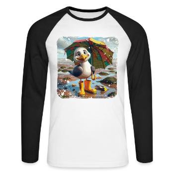 Fröhliche Möwe mit Gummistiefel und Regenschirm - Unisex Baseballshirt langarm - Weiß/Schwarz - Vorne - Nik (191cm)