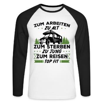 Zum reisen topfit - Geschenk Reisende - Unisex Baseballshirt langarm - Weiß/Schwarz - Vorne - Nik (191cm)