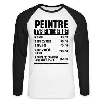 Peintre tarif à l'heure idée cadeau humour - T-shirt baseball manches longues Homme - blanc/noir - Devant - Nik (191cm)