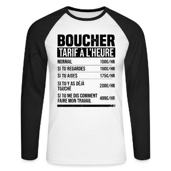 Boucher tarif à l'heure idée cadeau humour - T-shirt baseball manches longues Homme - blanc/noir - Devant - Nik (191cm)