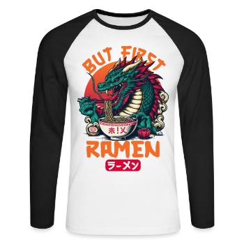 Soupe de nouilles japonaises Ramen Dragon - T-shirt baseball manches longues Homme - blanc/noir - Devant - Nik (191cm)