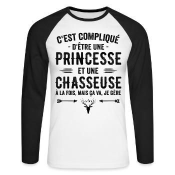 Chasseuse Chasse Cerf Princesse Cadeau Chasseresse - T-shirt baseball manches longues Homme - blanc/noir - Devant - Nik (191cm)