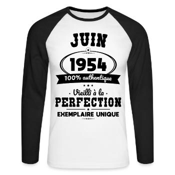70-jähriges Jubiläum - Juni 1954 Perfektion - Unisex Baseballshirt langarm - Weiß/Schwarz - Vorne - Nik (191cm)